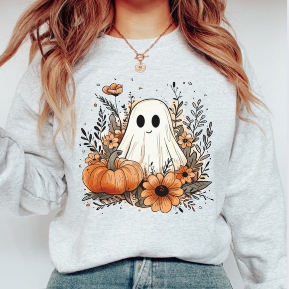 NEW Fall Ghost Pumpkins Graphic Crew Neck Long Sleeve Sweatshirt - Picture 1 of 5